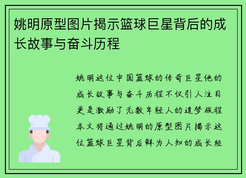 姚明原型图片揭示篮球巨星背后的成长故事与奋斗历程